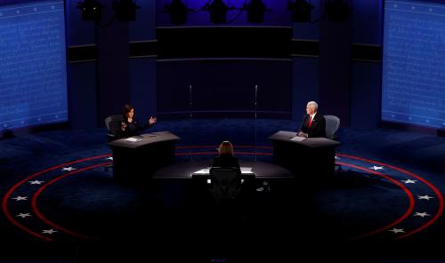 Democratic vice presidential nominee Senator Kamala Harris and U.S. Vice President Mike Pence participate in their 2020 vice presidential campaign debate held on the campus of the University of Utah in Salt Lake City, Utah, U.S., October 7, 2020.