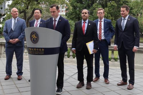 U.S. Representative Mike Gallagher (R-WI) attends a press conference with Taiwan Foreign Minister Joseph Wu, U.S. Ranking Member Raja Krishnamoorthi (D-IL), U.S. Representative John Moolenaar (R-MI), Representative Dusty Johnson (R-SD), and Representative Seth Moulton (D-MA) at Taipei Guest House in Taipei, Taiwan February 22, 2024.