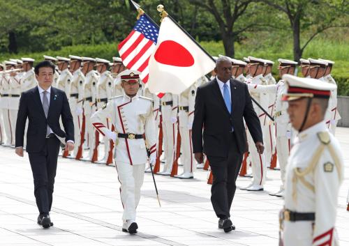 Lloyd James Austin (R), Secretary of Defense of the United States, receives a guard of the honor at Defense Ministry in Tokyo on July 28, 2024.