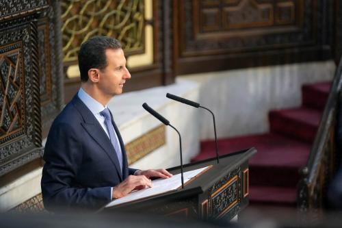 Syrian President Bashar al-Assad speaks to the Syrian parliament in Damascus, Syria, August 25, 2024.