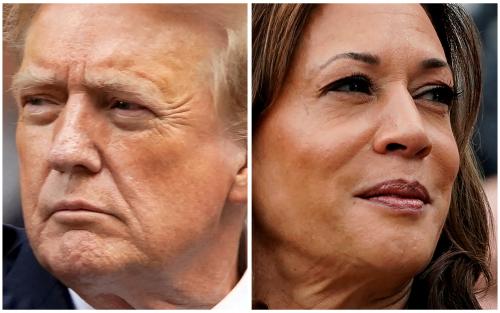 Former U.S. President Donald Trump in New York City, U.S. May 30, 2024 and U.S. Vice President Kamala Harris in Washington, U.S., July 22, 2024 in a combination of file photos.