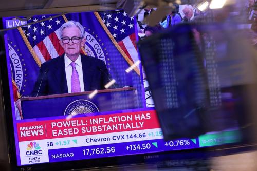 A screen on the trading floor at The New York Stock Exchange (NYSE) display a news conference with Federal Reserve Chair Jerome Powell following the Federal Reserve rate announcement on the trading floor at The New York Stock Exchange (NYSE) in New York City, U.S., September 18, 2024. REUTERS/Andrew Kelly